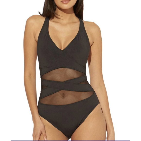 Bleu Rod Beattie Other - Bleu Rod Beattie Illusion Criss Cross V-Neck Mesh One Piece Swimsuit Black 14